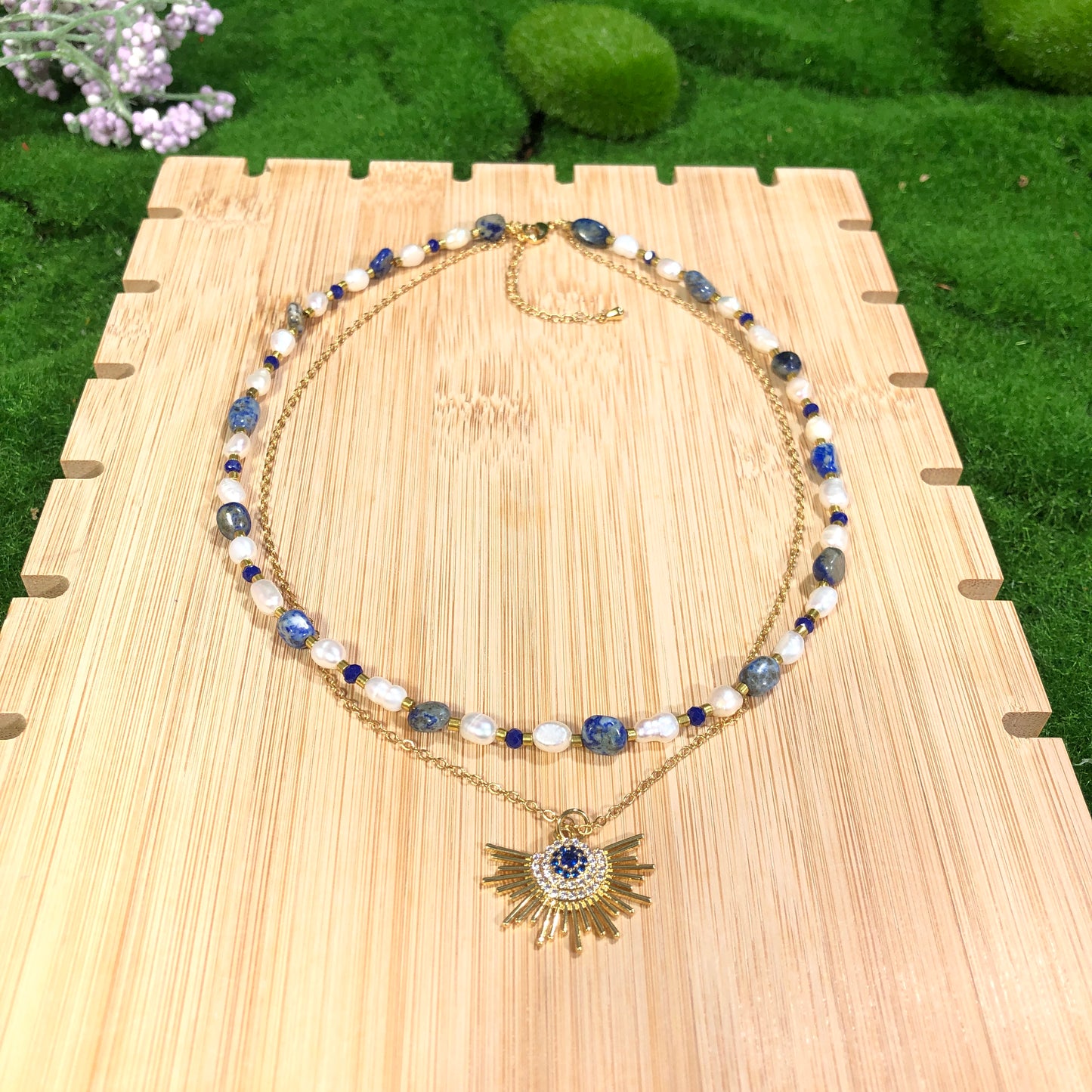 Süßwasserperle Lapislazuli Kupfer vergoldet 14K Halskette Sonnenlicht Halskette handgefertigt