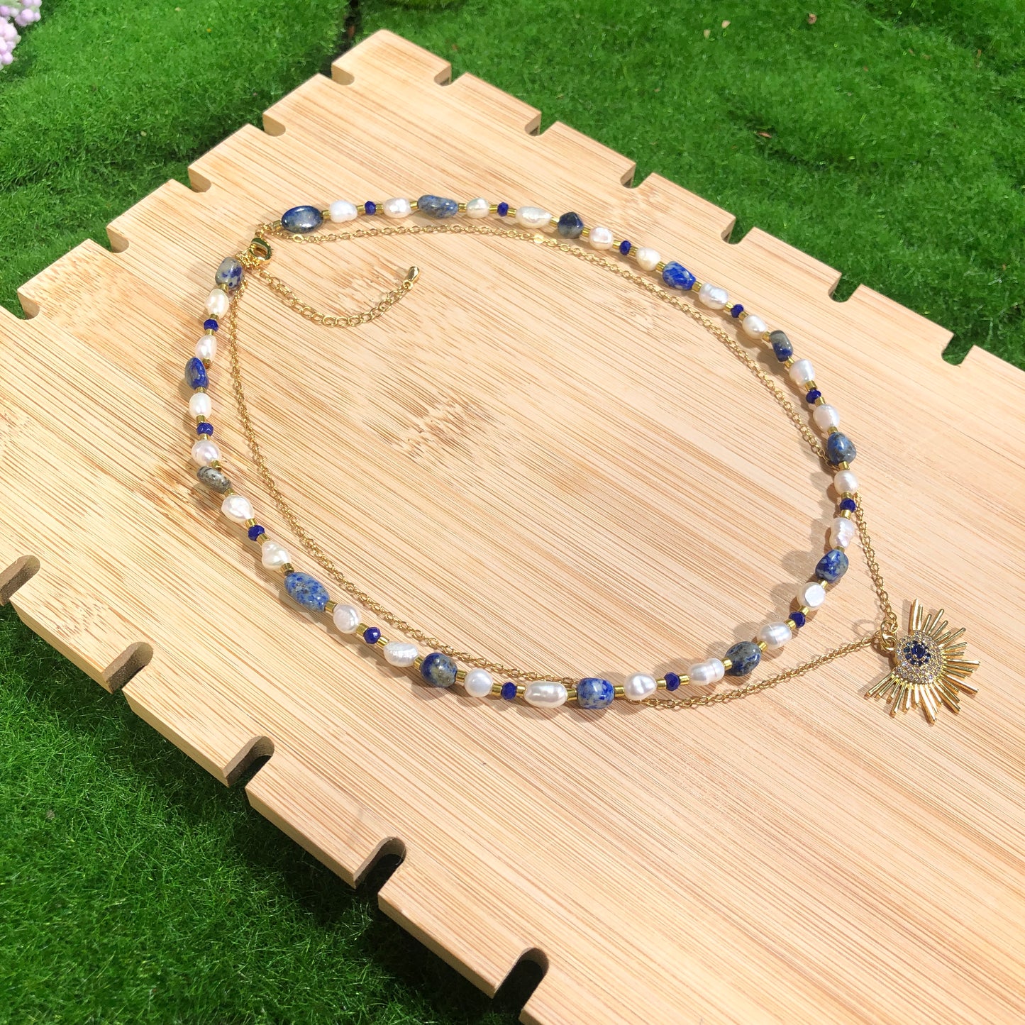Süßwasserperle Lapislazuli Kupfer vergoldet 14K Halskette Sonnenlicht Halskette handgefertigt