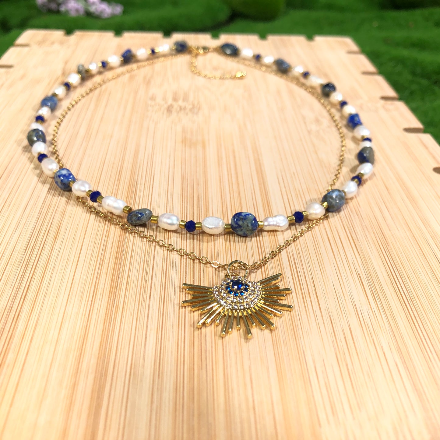 Süßwasserperle Lapislazuli Kupfer vergoldet 14K Halskette Sonnenlicht Halskette handgefertigt