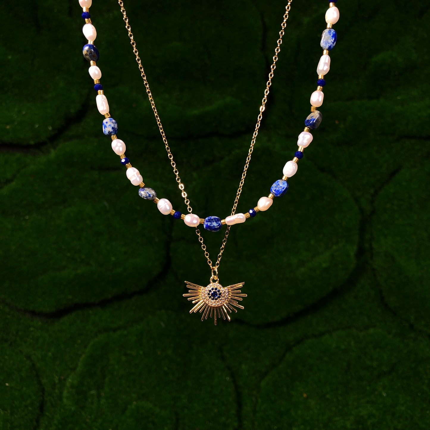 Süßwasserperle Lapislazuli Kupfer vergoldet 14K Halskette Sonnenlicht Halskette handgefertigt