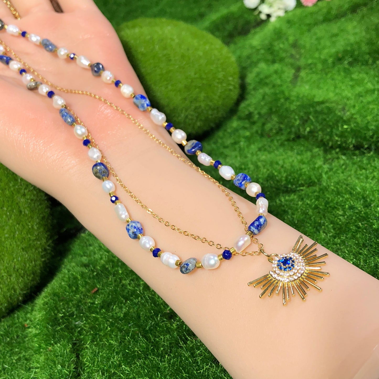 Süßwasserperle Lapislazuli Kupfer vergoldet 14K Halskette Sonnenlicht Halskette handgefertigt