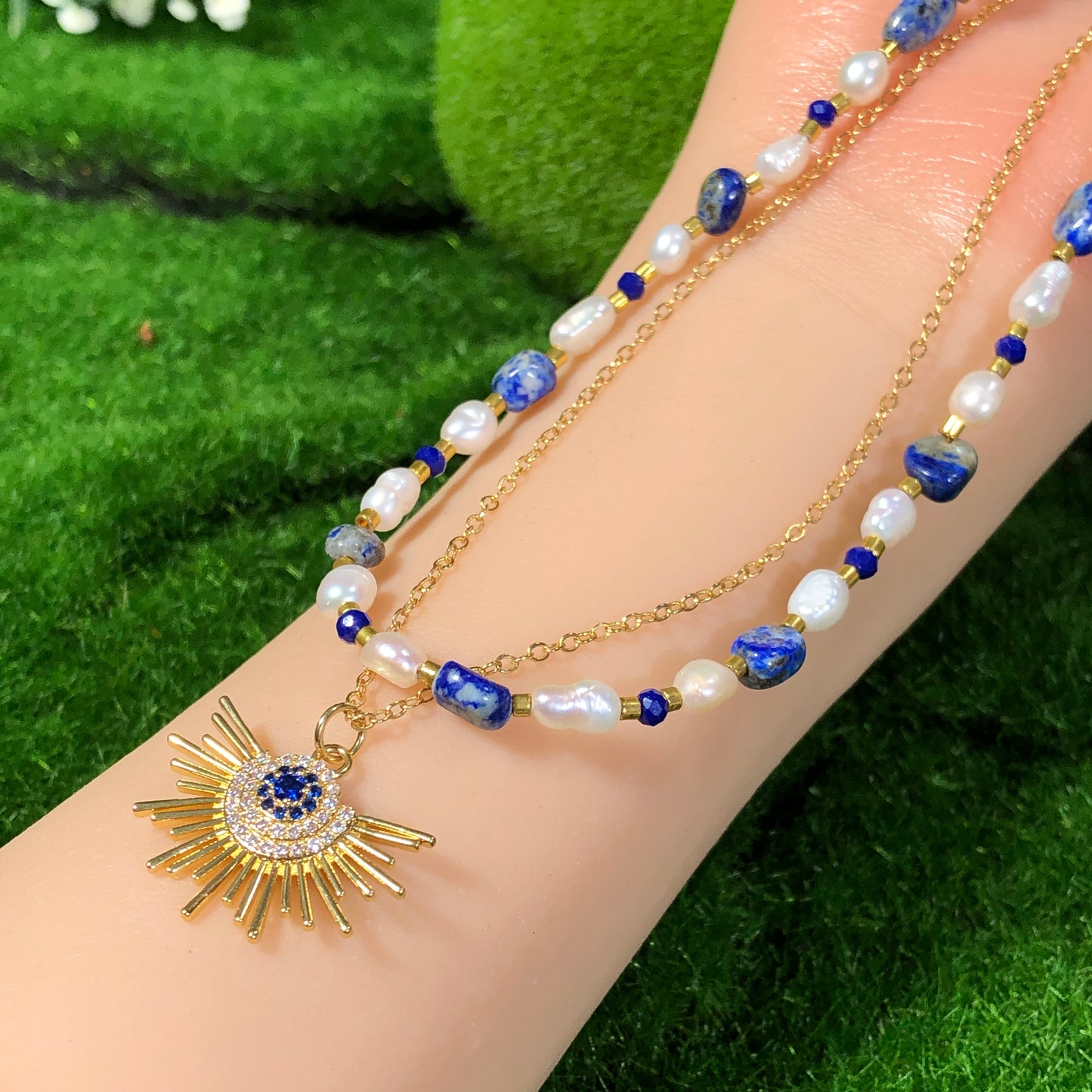 Süßwasserperle Lapislazuli Kupfer vergoldet 14K Halskette Sonnenlicht Halskette handgefertigt