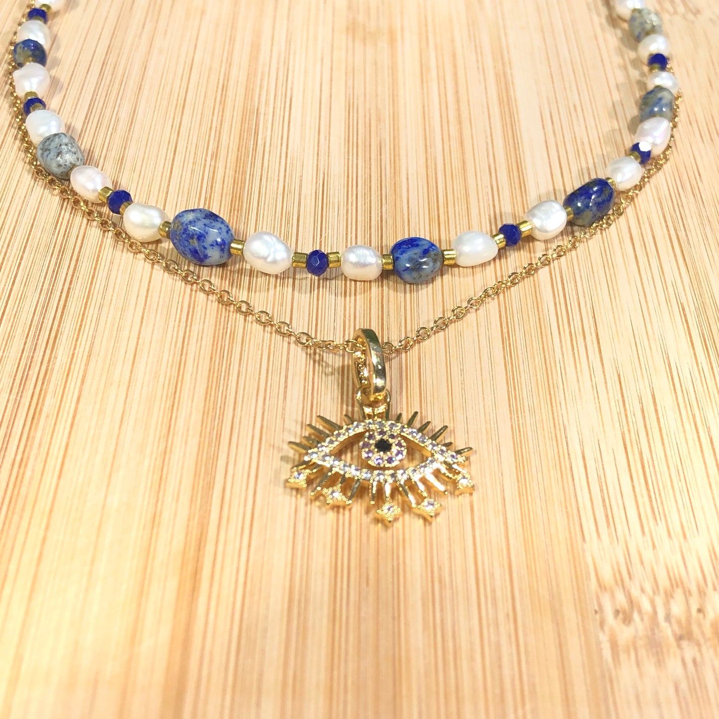 Süßwasserperle Lapislazuli vergoldetes Kupfer 14K Halskette Teufelsauge Halskette handgefertigt