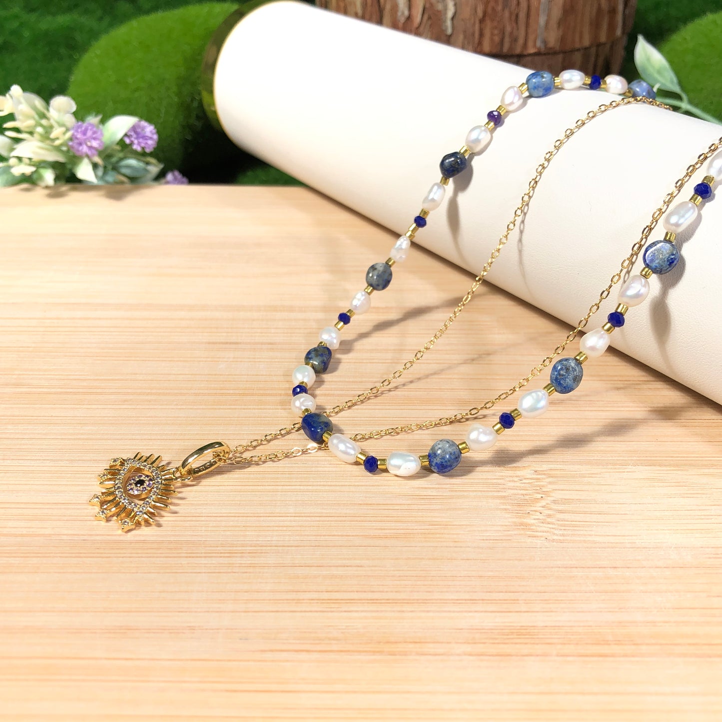 Süßwasserperle Lapislazuli vergoldetes Kupfer 14K Halskette Teufelsauge Halskette handgefertigt