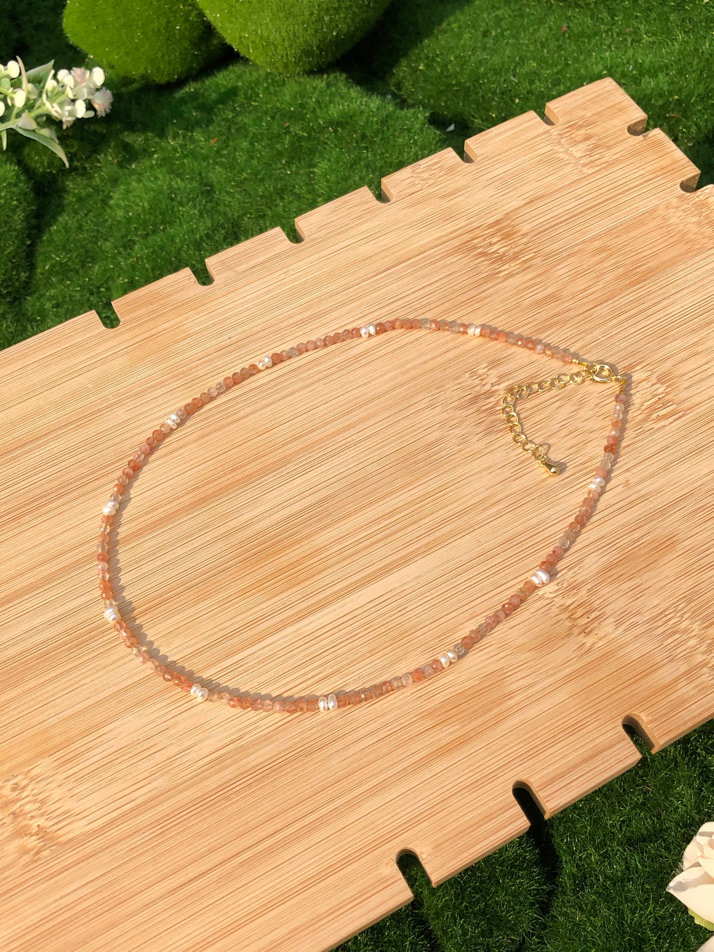 Halskette aus natürlichem Sonnenstein, Kupferkette, 14-karätig vergoldet