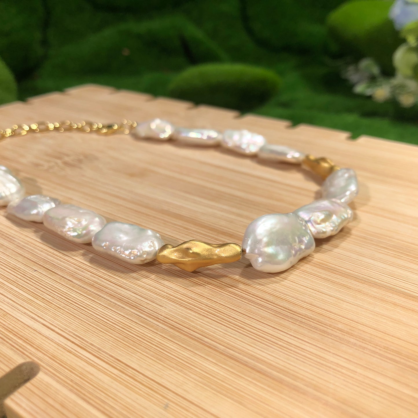 Süßwasserperlenkette, Kupfer vergoldet mit 14K Gold, Halskette, handgefertigt