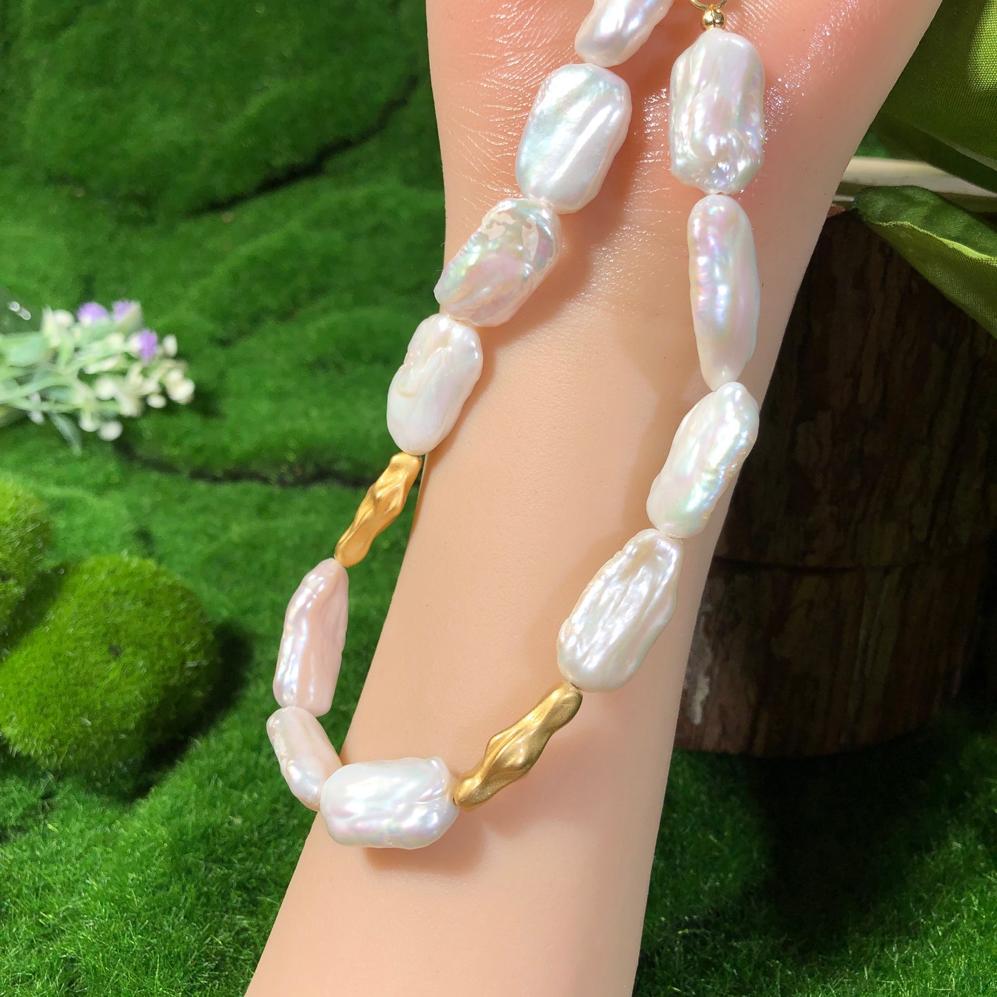 Süßwasserperlenkette, Kupfer vergoldet mit 14K Gold, Halskette, handgefertigt