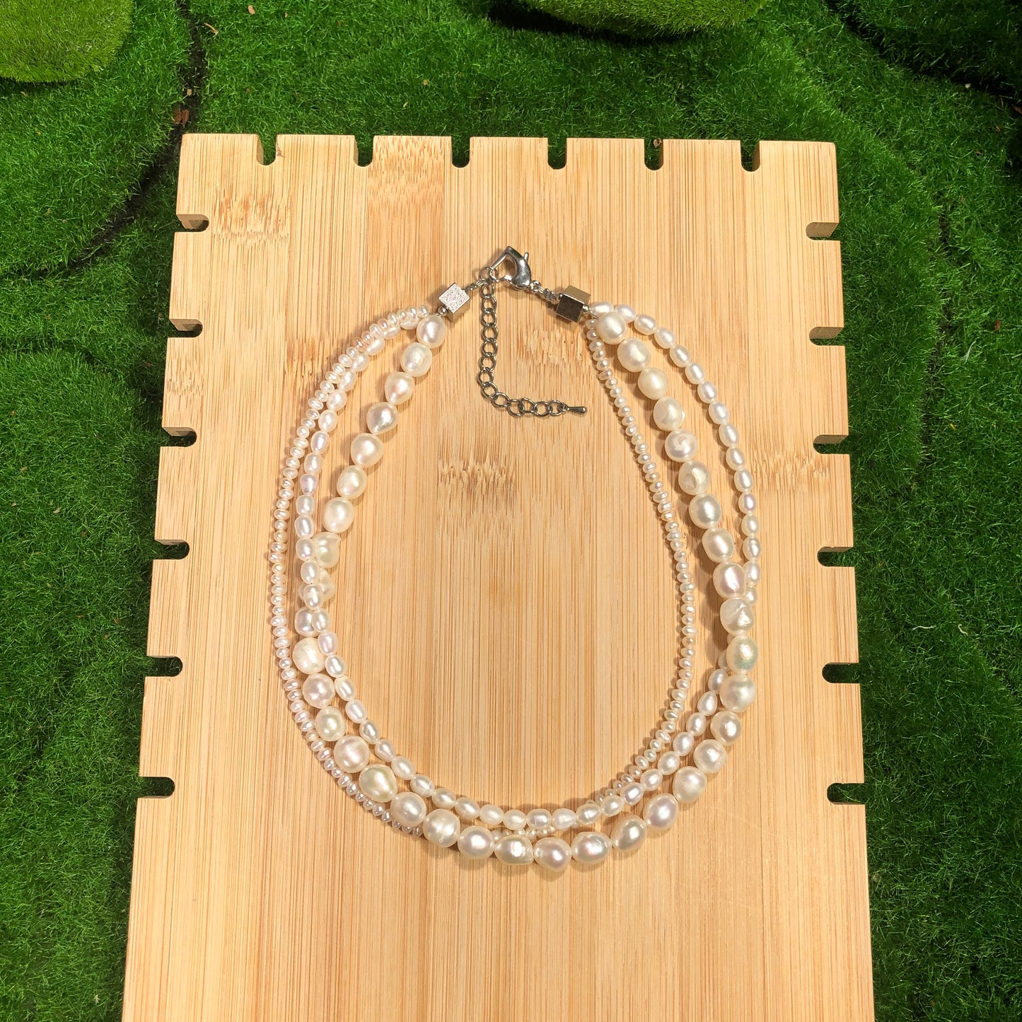 Exquisite Süßwasserperlenkette, drei Ringe, Kupfer mit 14K Gold plattiert, handgefertigt
