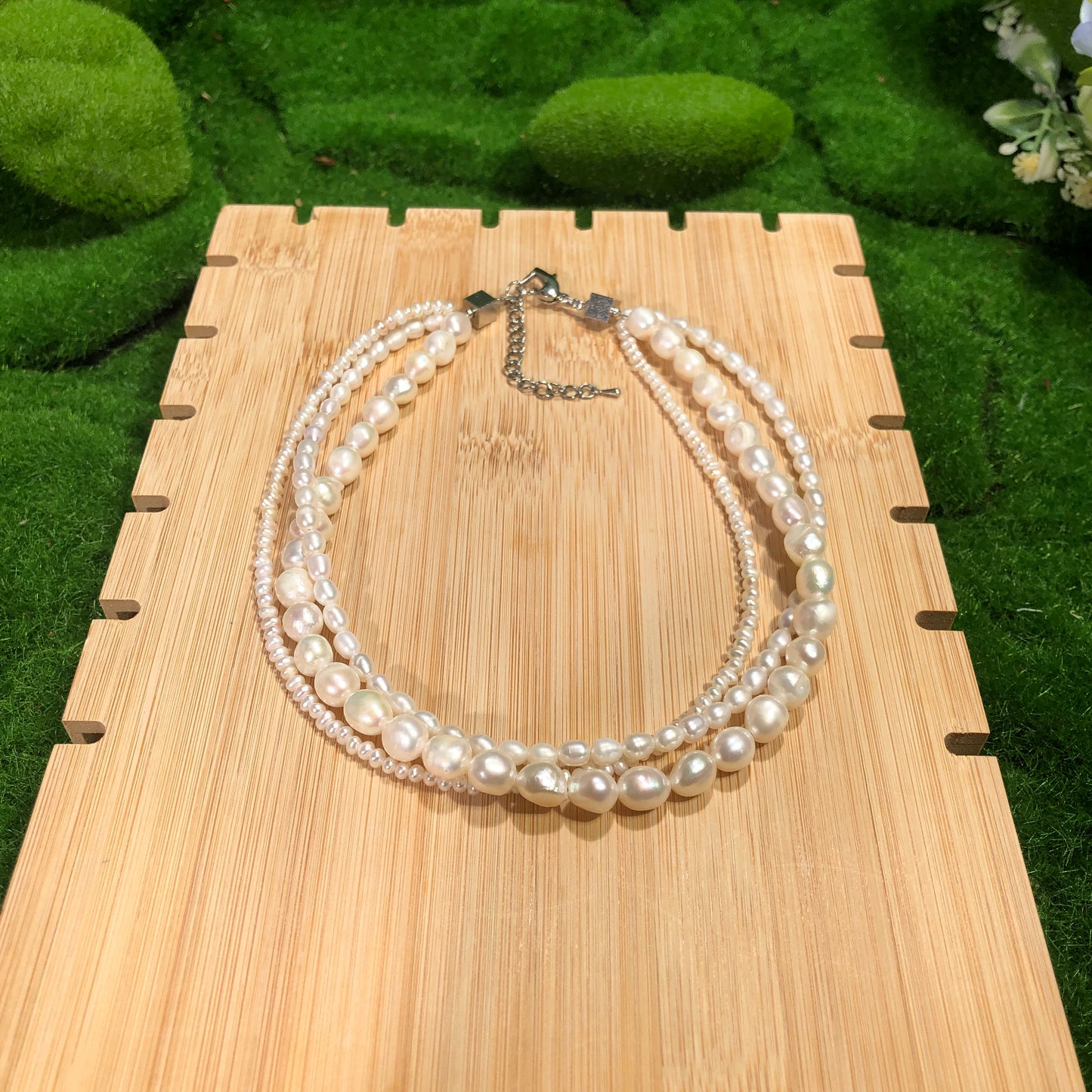 Exquisite Süßwasserperlenkette, drei Ringe, Kupfer mit 14K Gold plattiert, handgefertigt