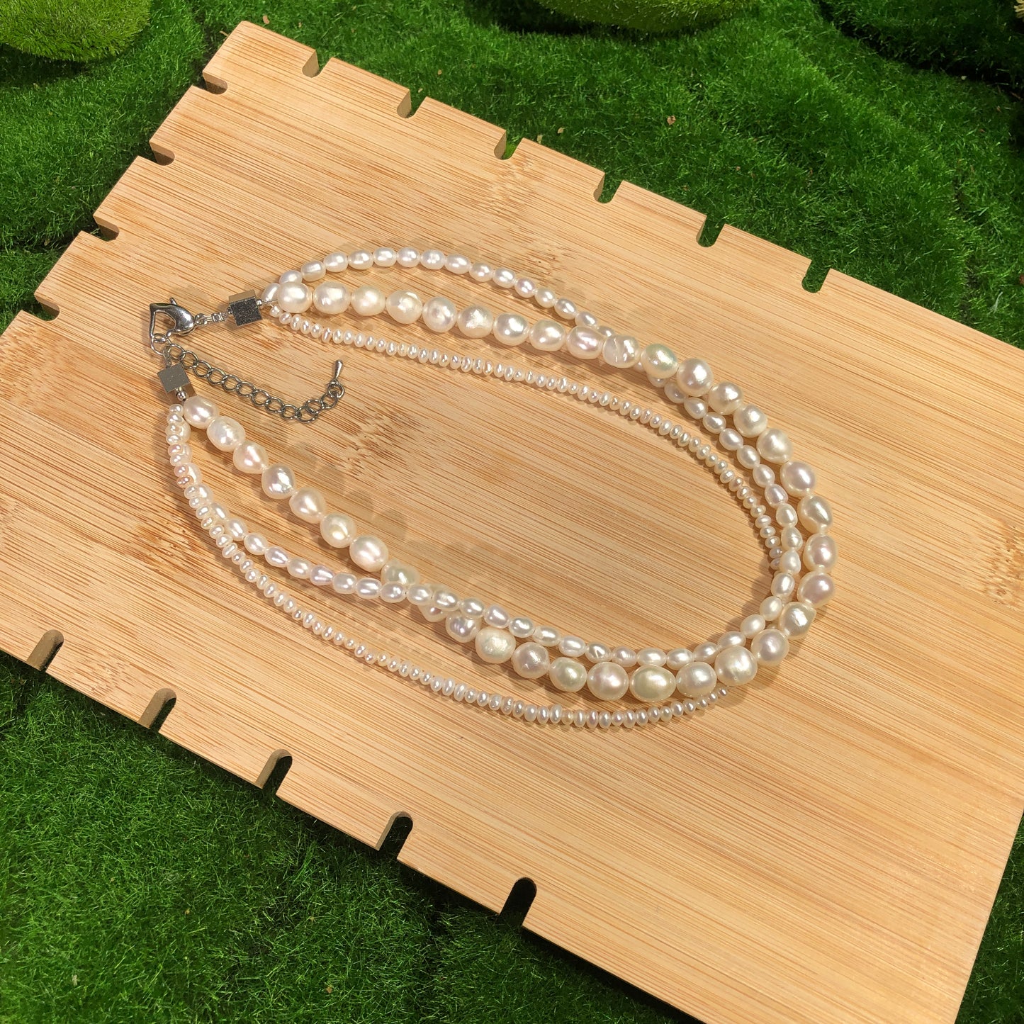 Exquisite Süßwasserperlenkette, drei Ringe, Kupfer mit 14K Gold plattiert, handgefertigt