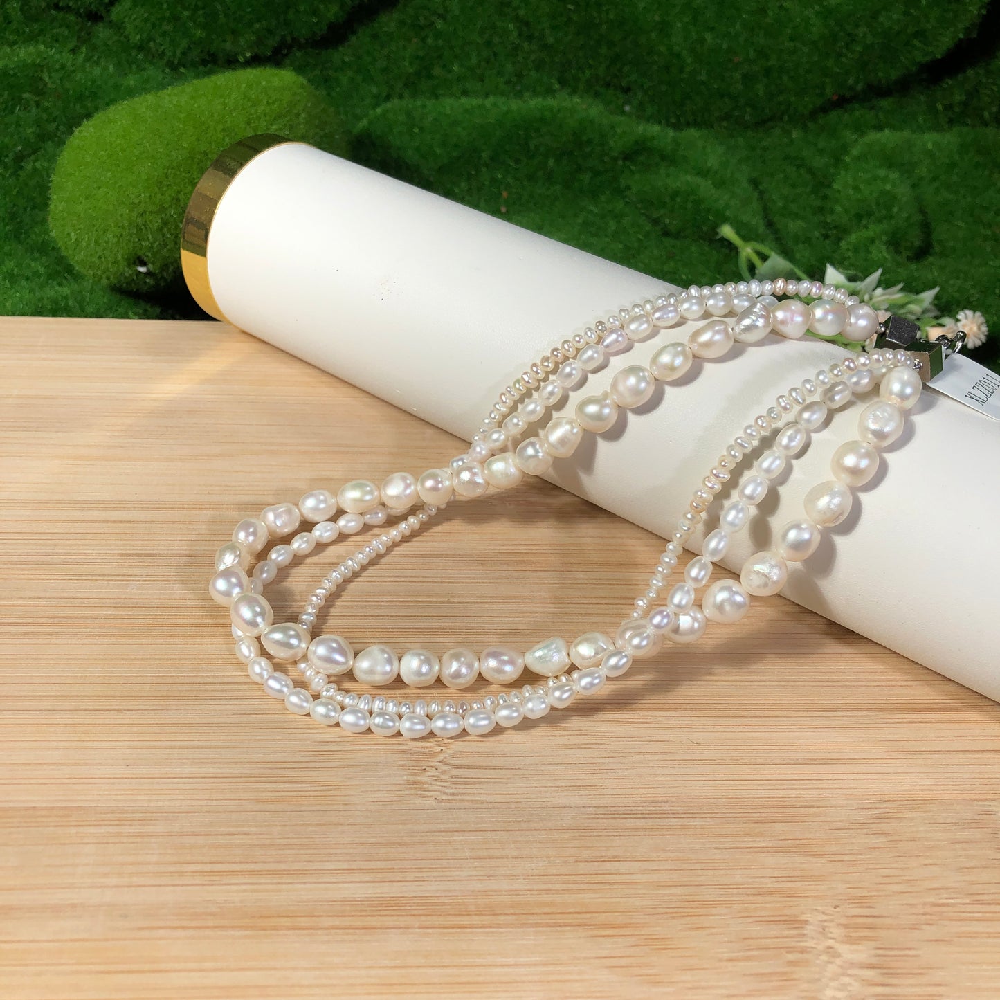 Exquisite Süßwasserperlenkette, drei Ringe, Kupfer mit 14K Gold plattiert, handgefertigt
