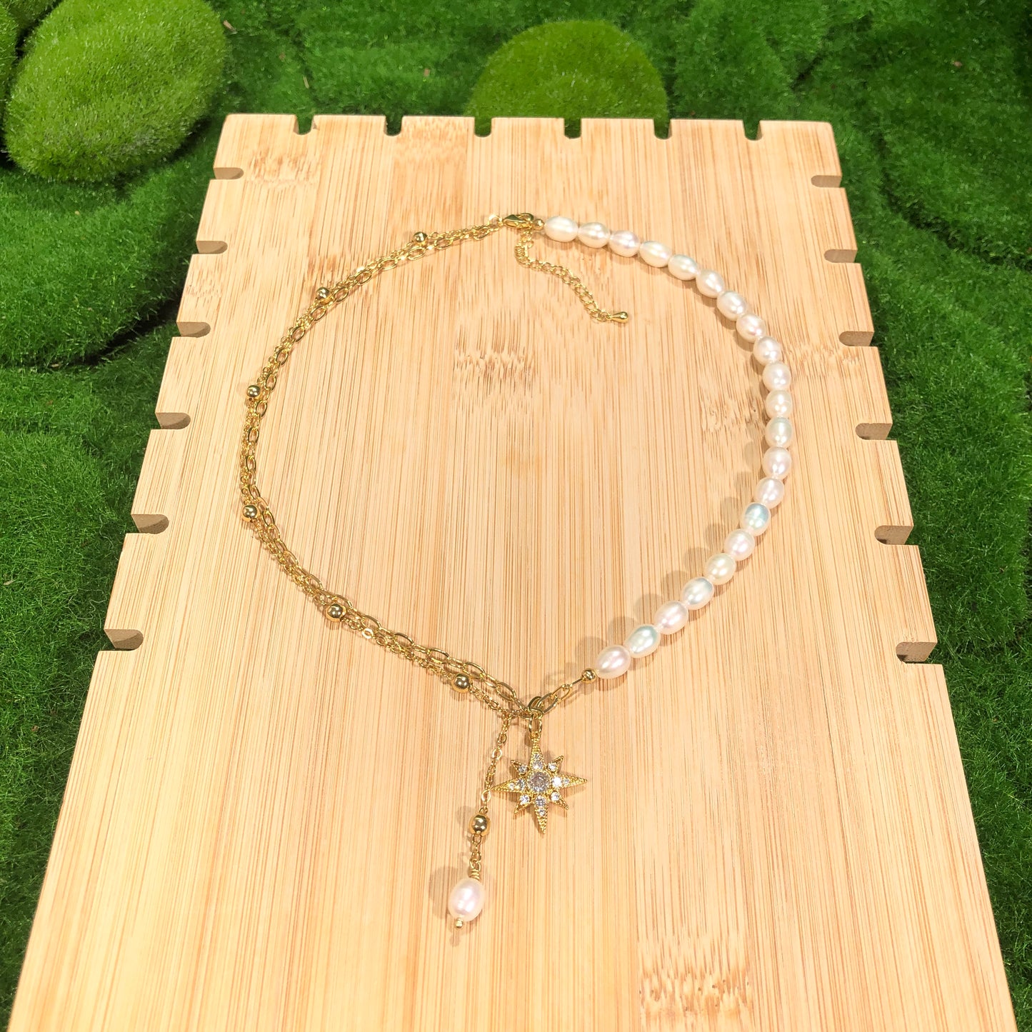Exquisite natürliche Süßwasserperlenkette, verkupfert mit 14K Gold, Sternkette, Süßwasserperle, handgefertigt