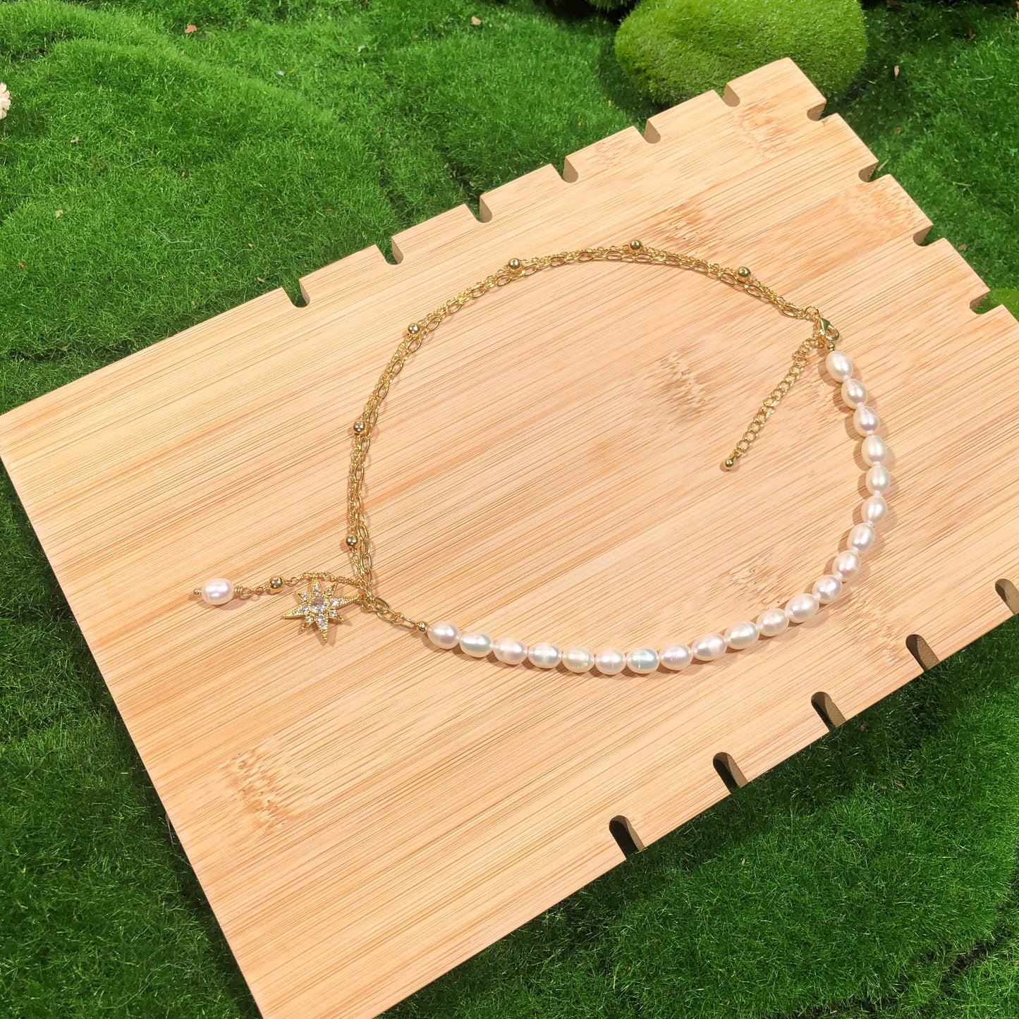 Exquisite natürliche Süßwasserperlenkette, verkupfert mit 14K Gold, Sternkette, Süßwasserperle, handgefertigt