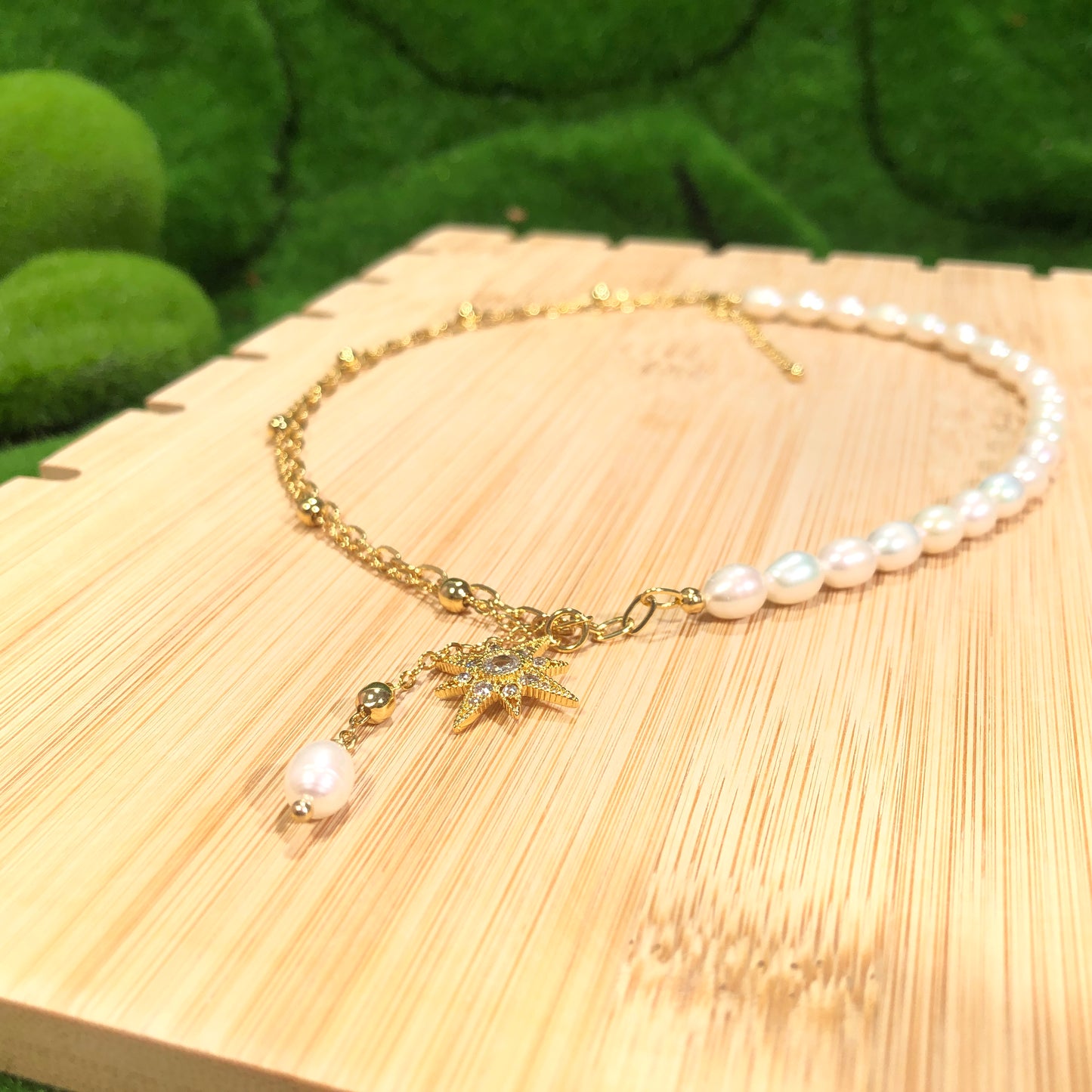Exquisite natürliche Süßwasserperlenkette, verkupfert mit 14K Gold, Sternkette, Süßwasserperle, handgefertigt