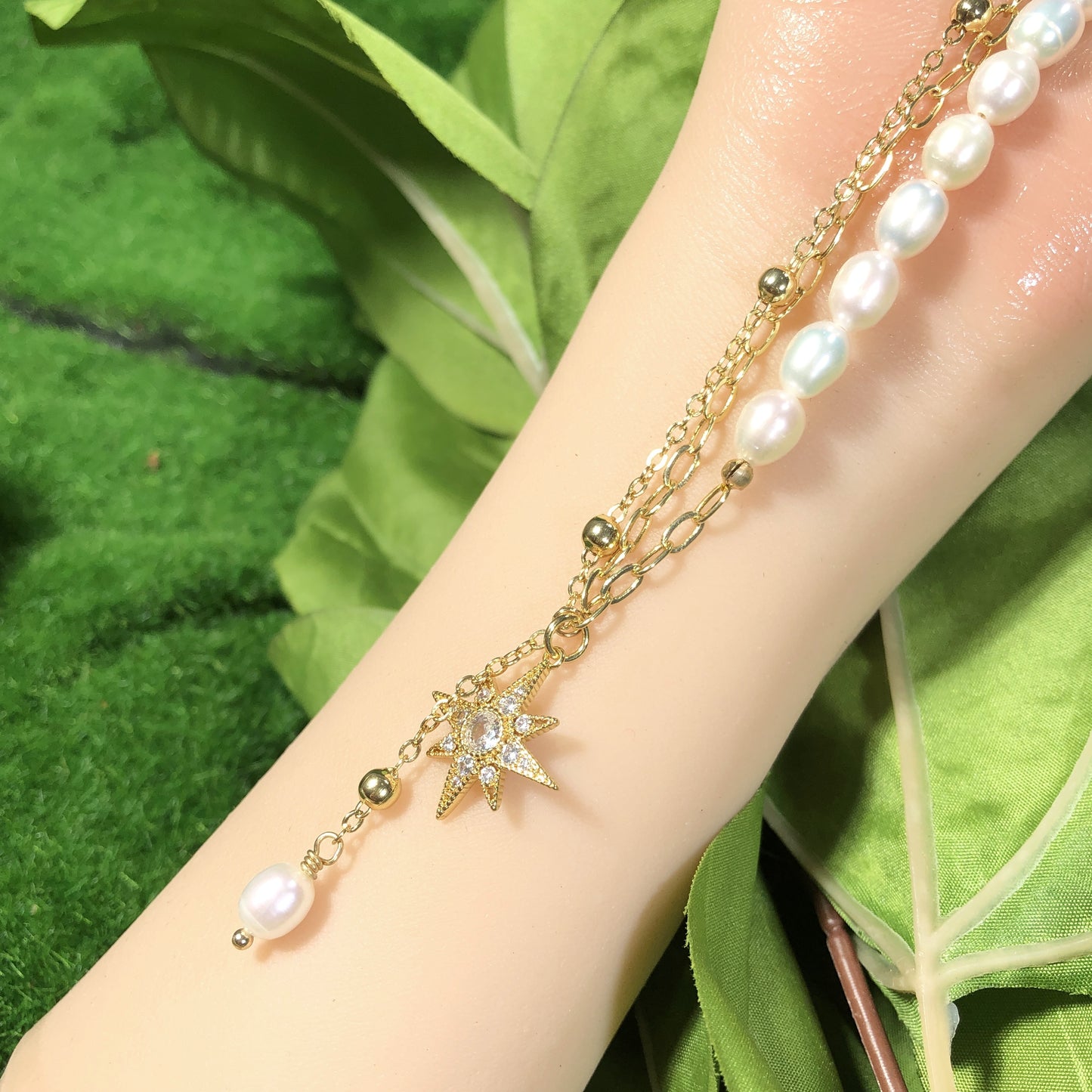 Exquisite natürliche Süßwasserperlenkette, verkupfert mit 14K Gold, Sternkette, Süßwasserperle, handgefertigt