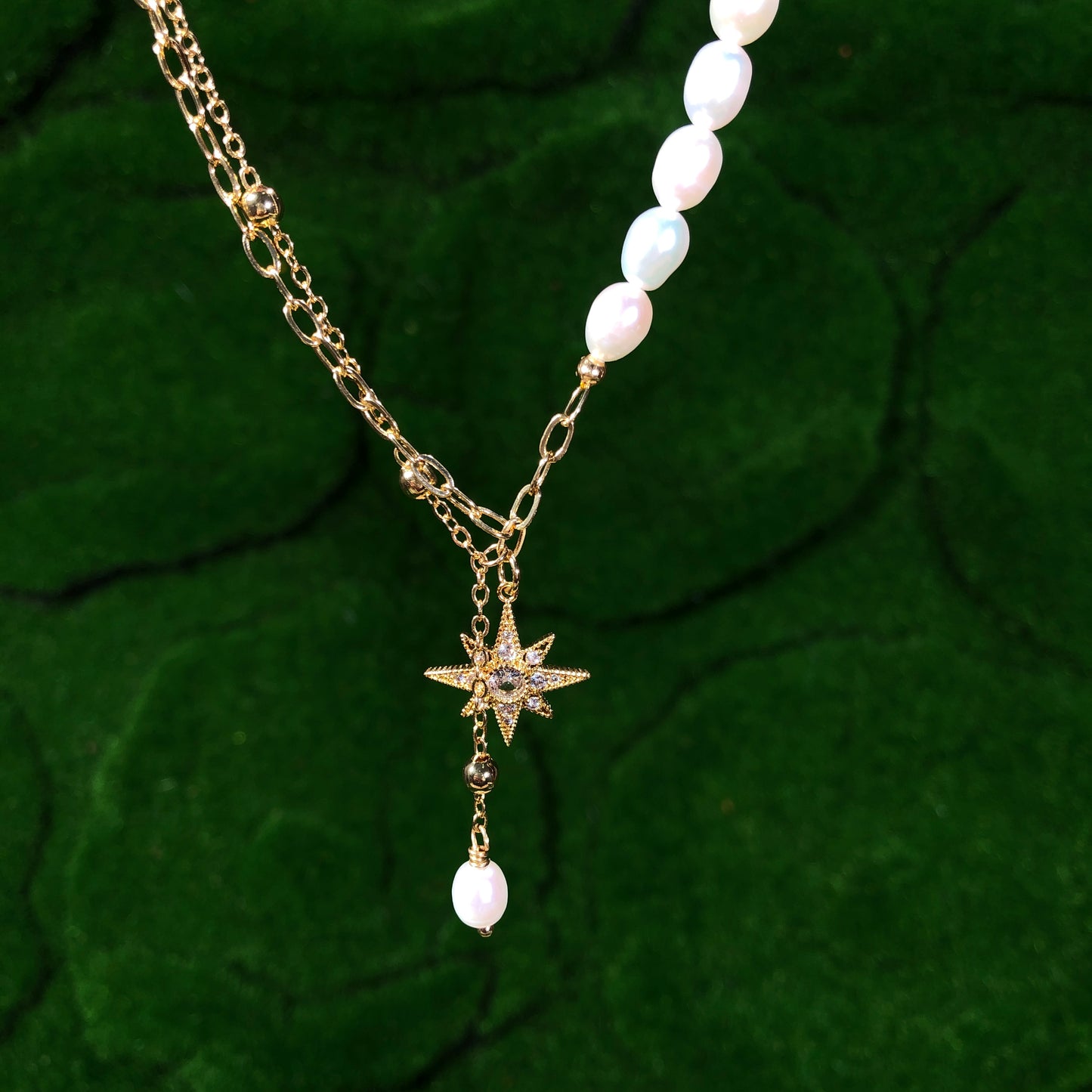 Exquisite natürliche Süßwasserperlenkette, verkupfert mit 14K Gold, Sternkette, Süßwasserperle, handgefertigt