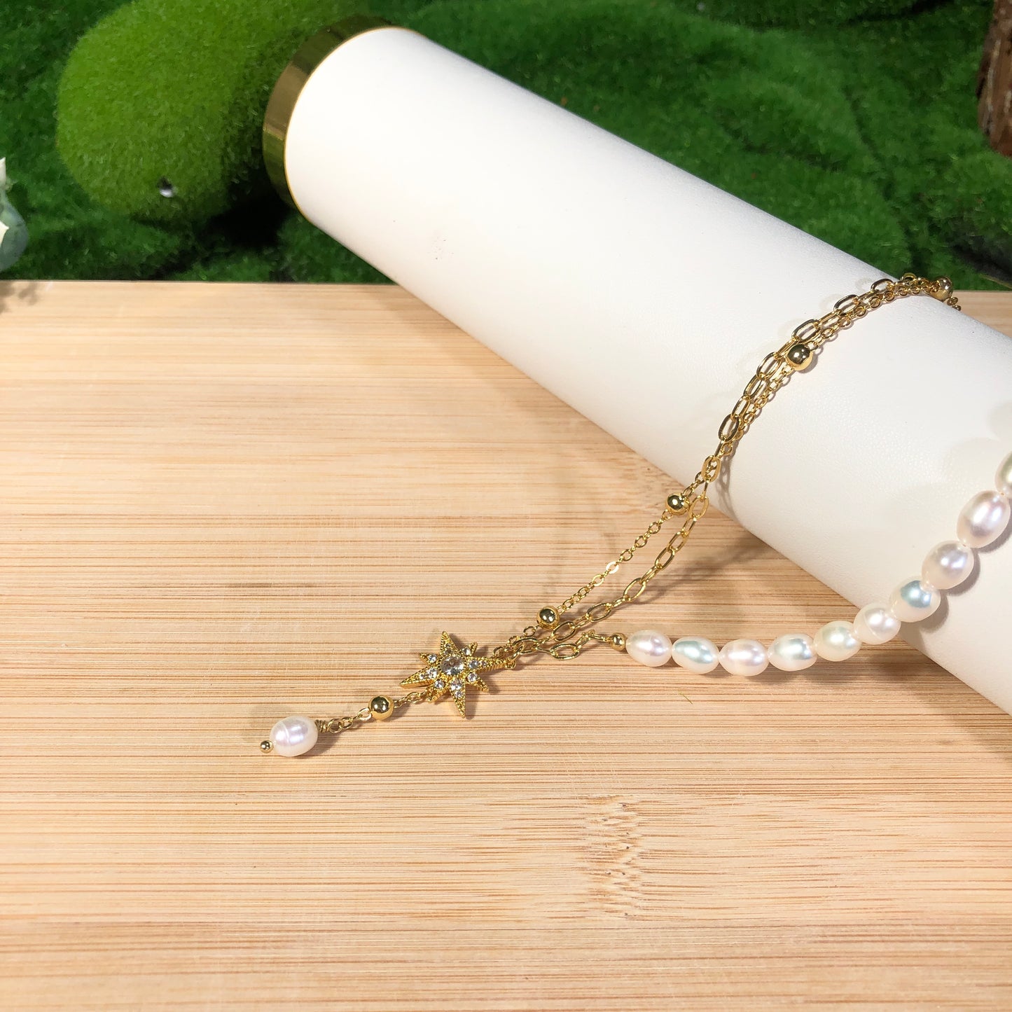 Exquisite natürliche Süßwasserperlenkette, verkupfert mit 14K Gold, Sternkette, Süßwasserperle, handgefertigt