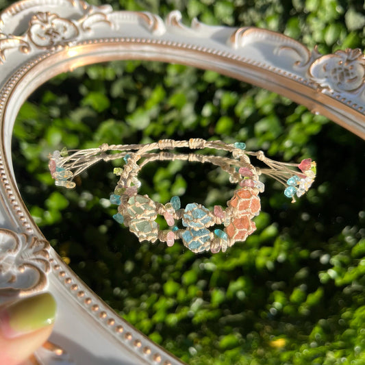 Waldbeeren - Makramee Edelstein Armband mit Rosenquarz/Fluorit/Aquamarin