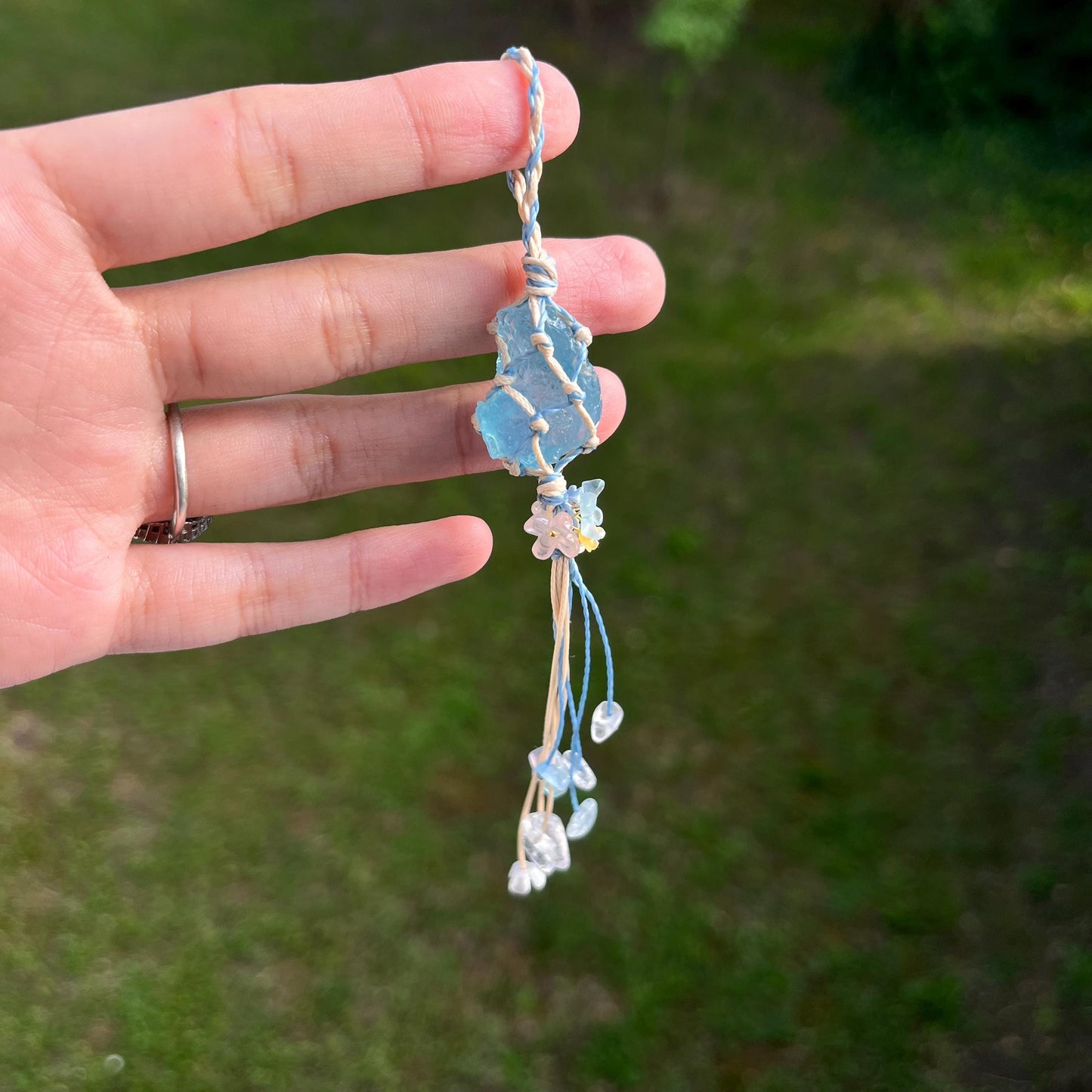 Edelstein Handgemacht Makramee Aquamarin Schlüsselanhänger - Gemstone Macrame Handmade Keychain - Aquamarine