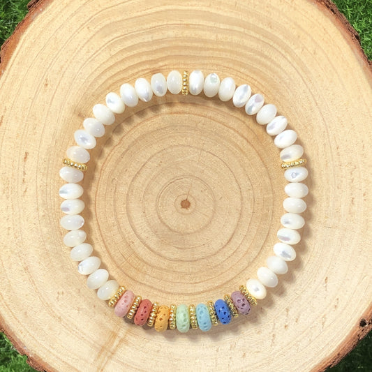 Buntes Vulkanstein Sieben Chakra weiße Muschel Tablett Armband handgefertigt