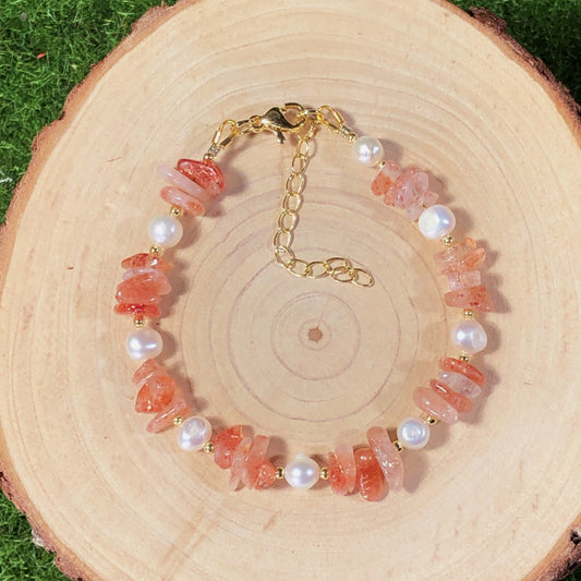 Armband aus natürlichen Süßwasserperlen und goldenem Sonnenstein, 14-karätig vergoldete Kupferkette, handgefertigt.