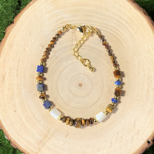 Einzigartig gestaltetes Tigerauge-Lapislazuli-Armband, kupferplattiert mit 14 Karat Gold, elegant und modisch