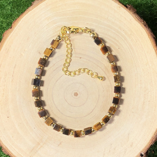 Armband aus natürlichem Tigerauge, kupferplattiert mit 14-karätigem Gold, handgefertigt.