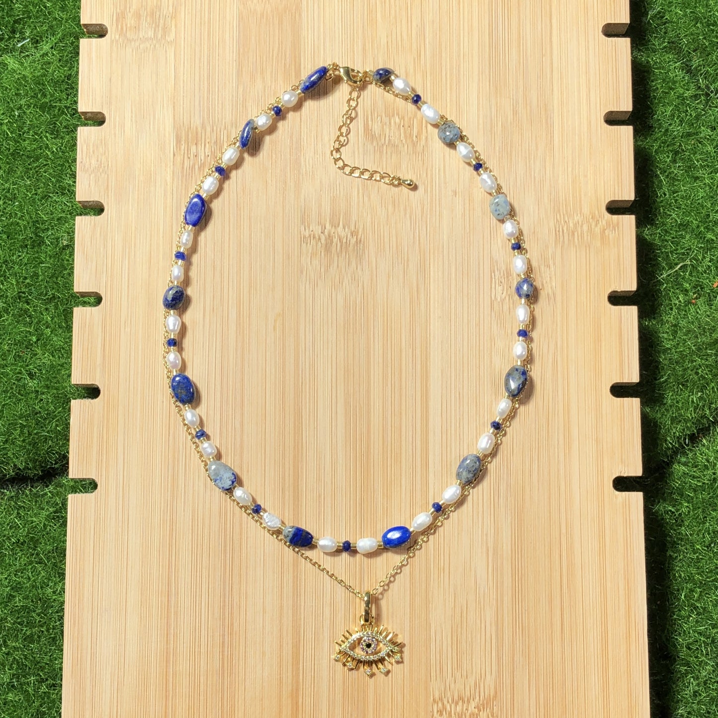 Süßwasserperle Lapislazuli vergoldetes Kupfer 14K Halskette Teufelsauge Halskette handgefertigt