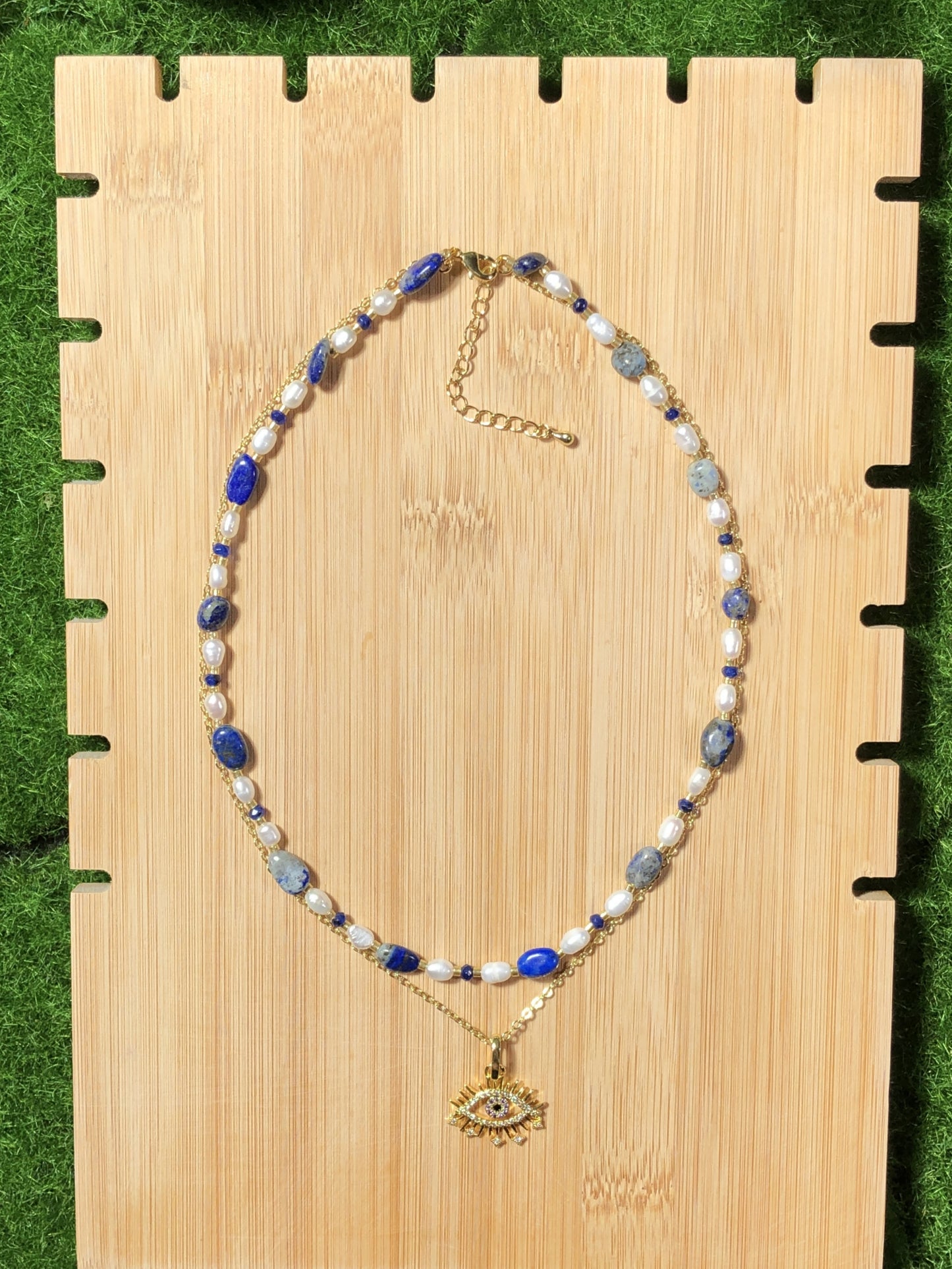 Süßwasserperle Lapislazuli vergoldetes Kupfer 14K Halskette Teufelsauge Halskette handgefertigt