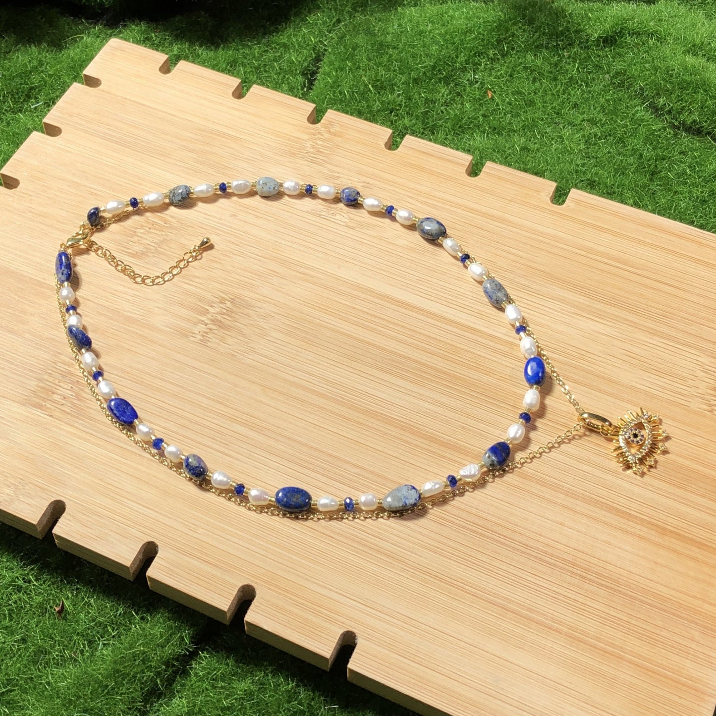 Süßwasserperle Lapislazuli vergoldetes Kupfer 14K Halskette Teufelsauge Halskette handgefertigt