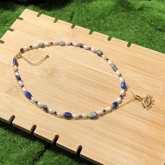 Süßwasserperle Lapislazuli vergoldetes Kupfer 14K Halskette Teufelsauge Halskette handgefertigt