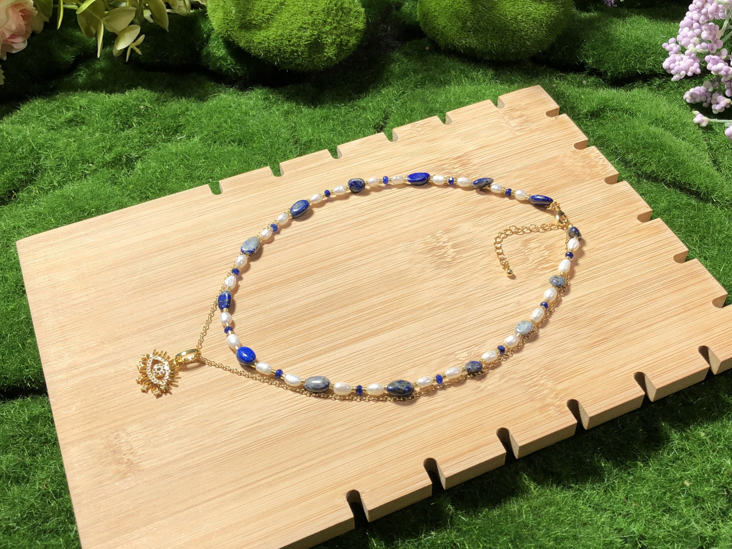 Süßwasserperle Lapislazuli vergoldetes Kupfer 14K Halskette Teufelsauge Halskette handgefertigt