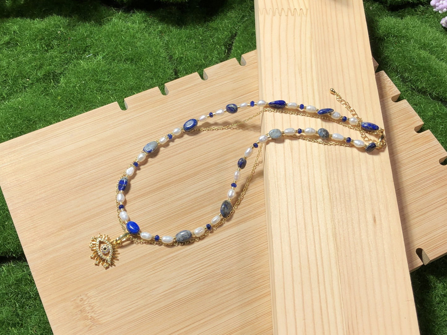 Süßwasserperle Lapislazuli vergoldetes Kupfer 14K Halskette Teufelsauge Halskette handgefertigt