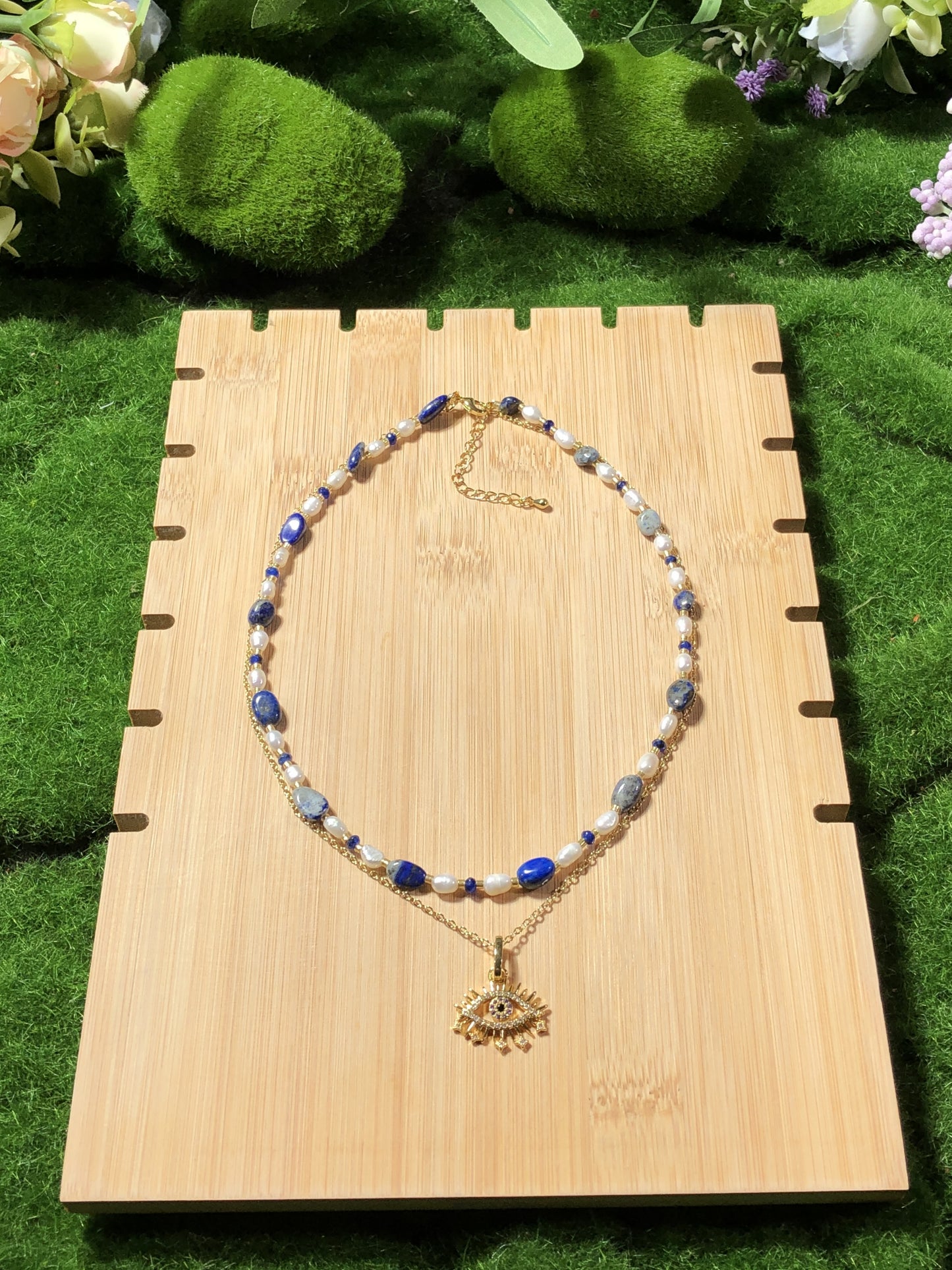 Süßwasserperle Lapislazuli vergoldetes Kupfer 14K Halskette Teufelsauge Halskette handgefertigt