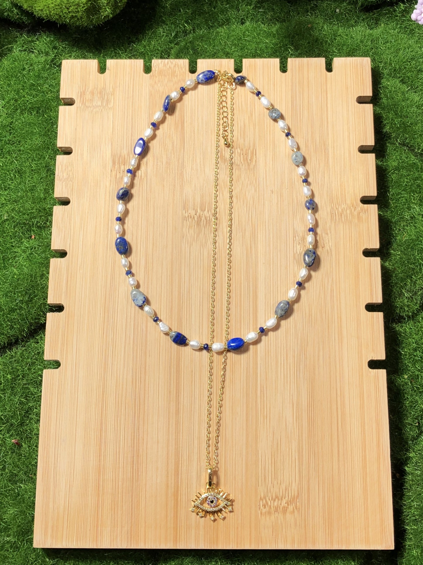 Süßwasserperle Lapislazuli vergoldetes Kupfer 14K Halskette Teufelsauge Halskette handgefertigt