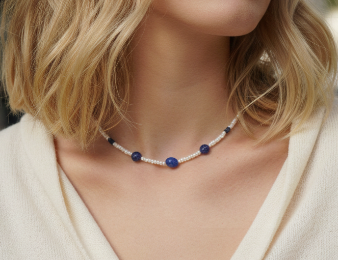 Süßwasserperlen Lapislazuli Halskette