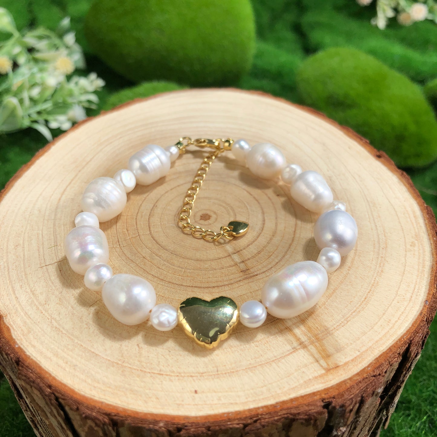 Zarte natürliche Süßwasserperle in Herzform, Kupfer mit 14K Gold überzogen,Armband handgefertigt