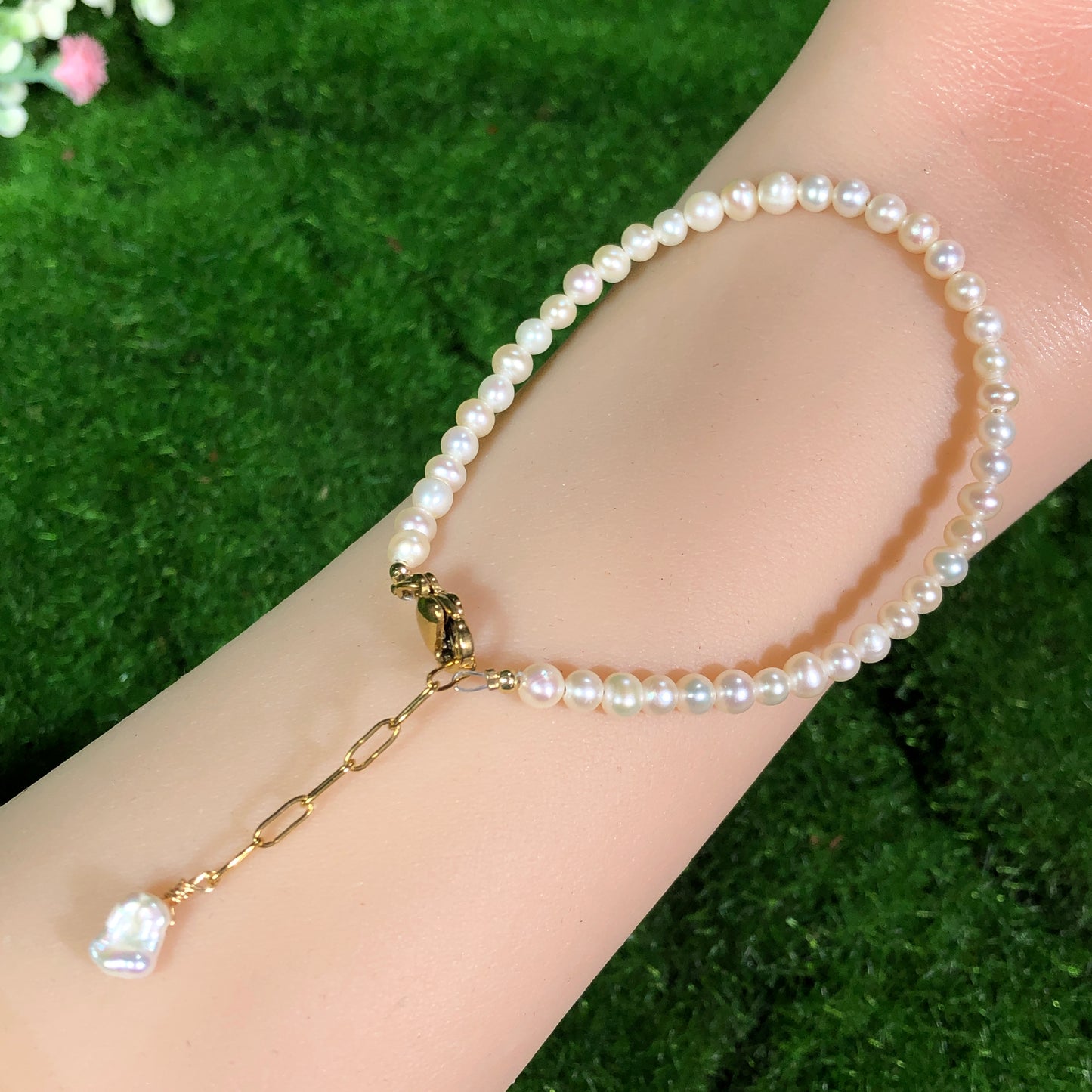 Feine natürliche Süßwasserperlen, Barockperlen, Kupfer mit 14K Gold überzogen, Armband, handgefertigt
