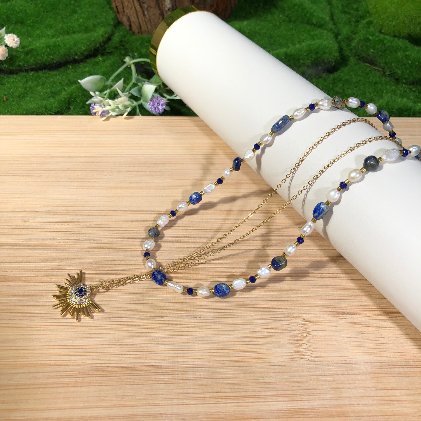 Süßwasserperle Lapislazuli Kupfer vergoldet 14K Halskette Sonnenlicht Halskette handgefertigt