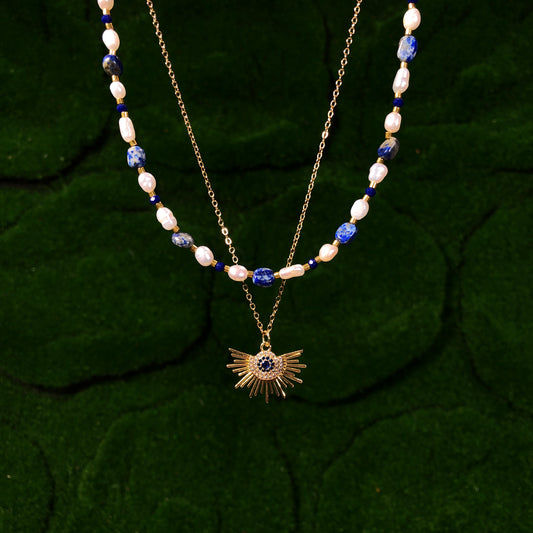 Süßwasserperle Lapislazuli Kupfer vergoldet 14K Halskette Sonnenlicht Halskette handgefertigt