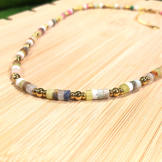 Exquisite bunte Steinkette, 14K vergoldetes Kupfer, handgefertigt