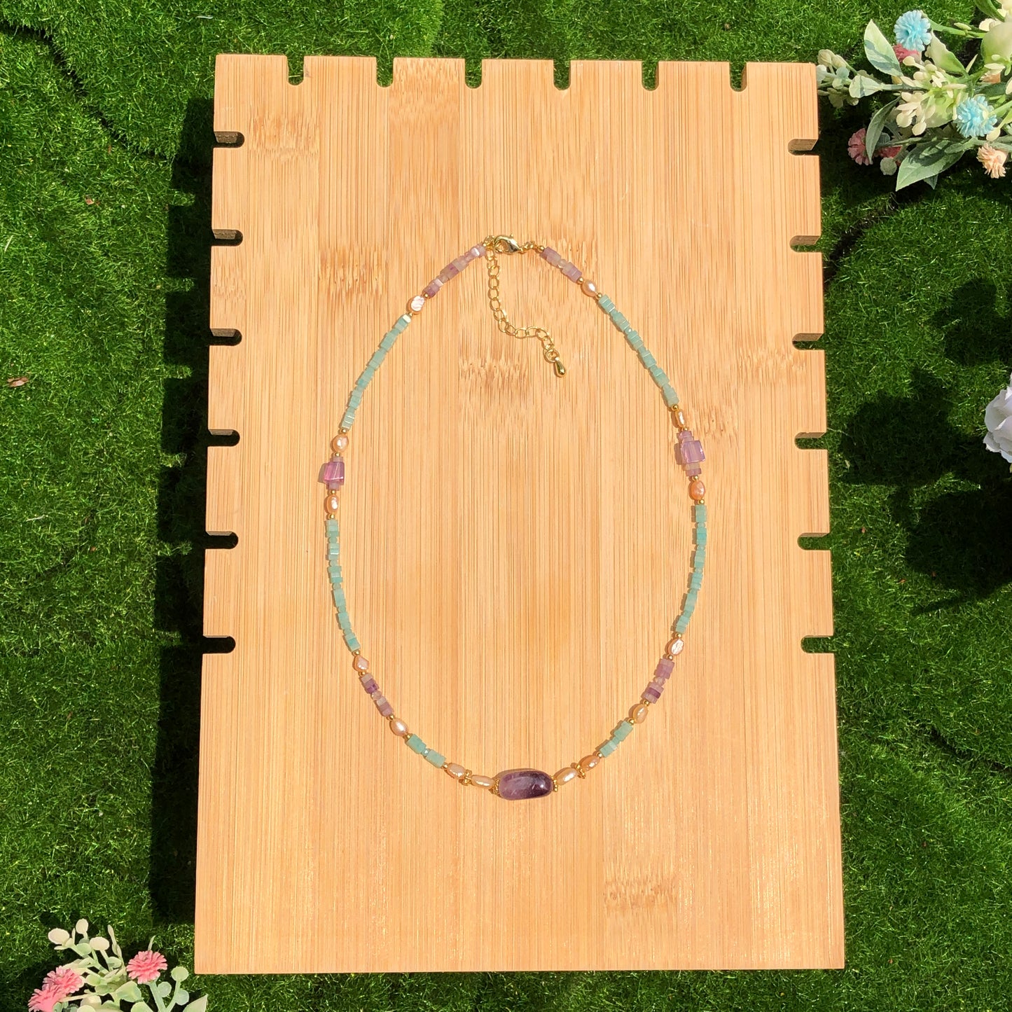 Exquisite natürliche Amazonit Amethyst Süßwasserperle Kupfer vergoldet 14K Halskette handgefertigt