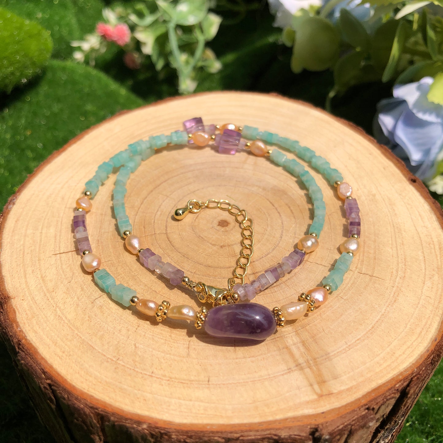 Exquisite natürliche Amazonit Amethyst Süßwasserperle Kupfer vergoldet 14K Halskette handgefertigt