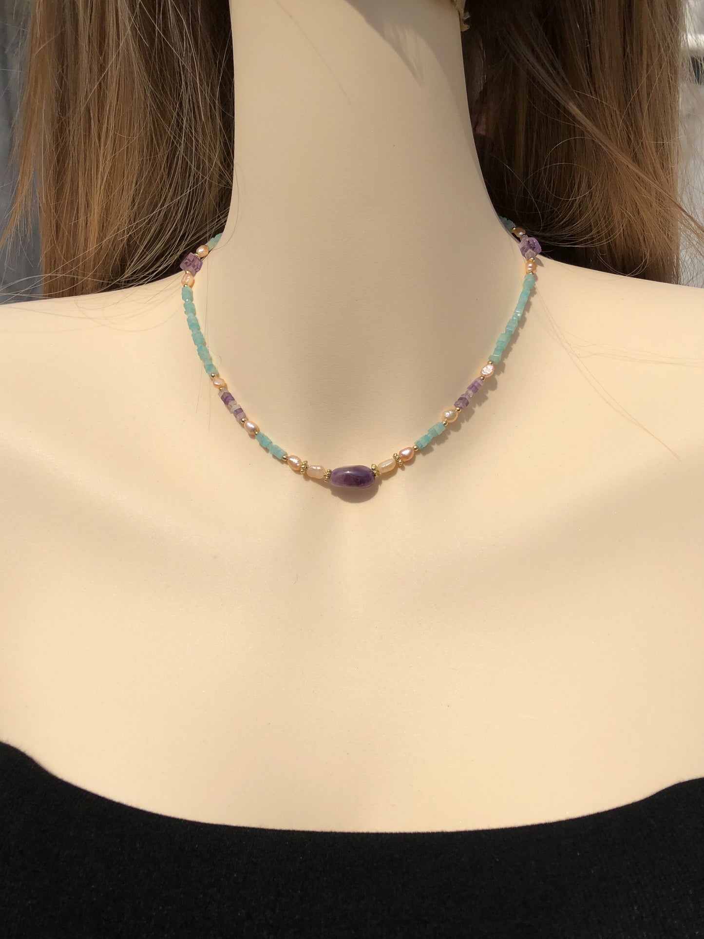 Exquisite natürliche Amazonit Amethyst Süßwasserperle Kupfer vergoldet 14K Halskette handgefertigt