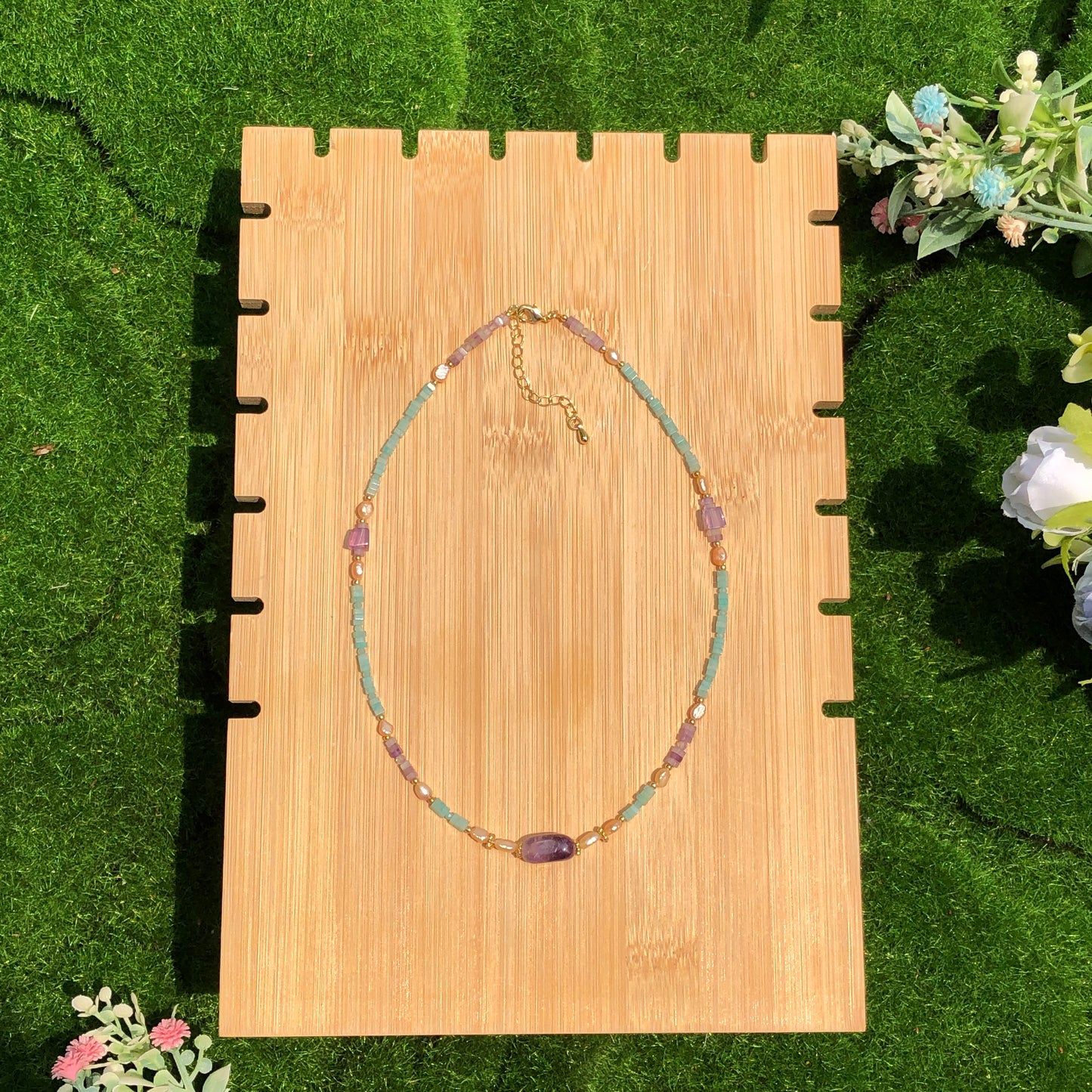 Exquisite natürliche Amazonit Amethyst Süßwasserperle Kupfer vergoldet 14K Halskette handgefertigt