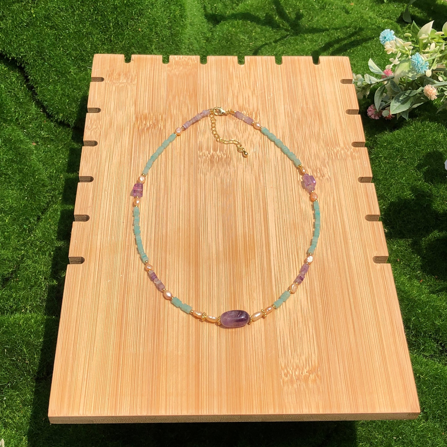 Exquisite natürliche Amazonit Amethyst Süßwasserperle Kupfer vergoldet 14K Halskette handgefertigt