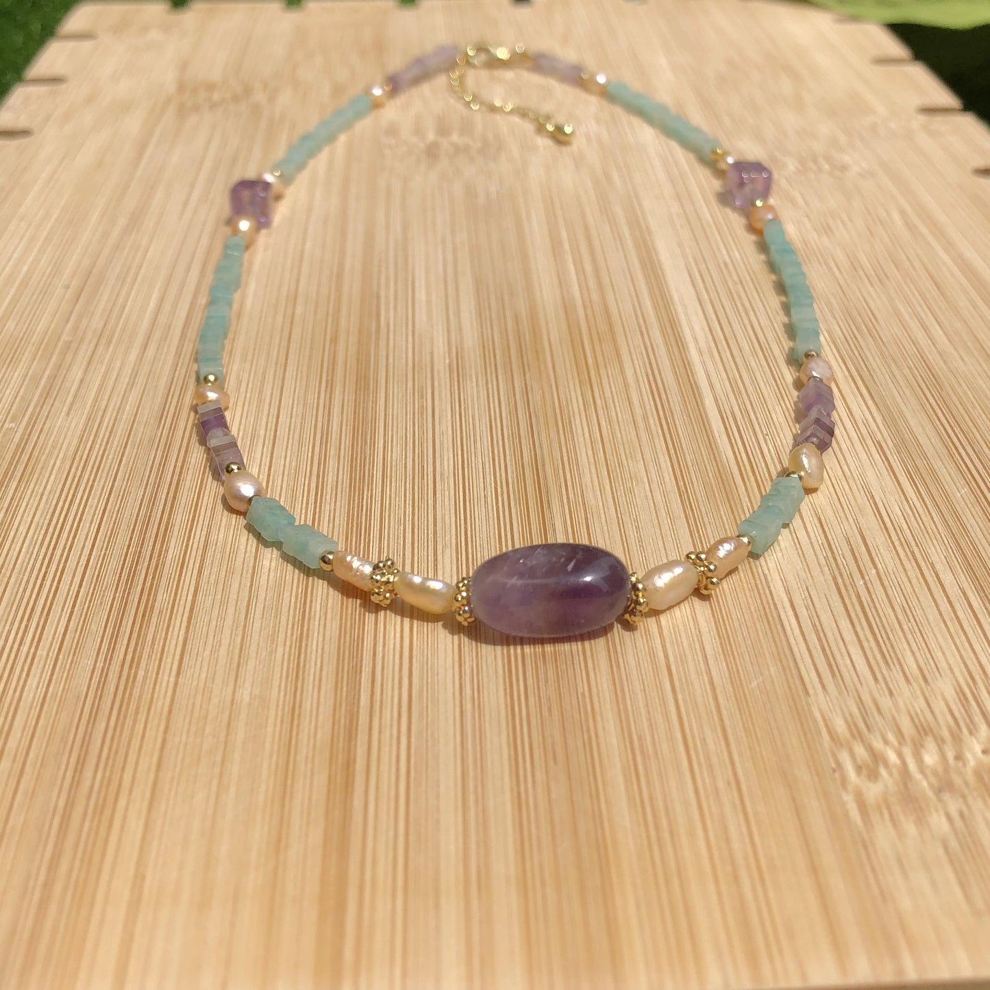 Exquisite natürliche Amazonit Amethyst Süßwasserperle Kupfer vergoldet 14K Halskette handgefertigt
