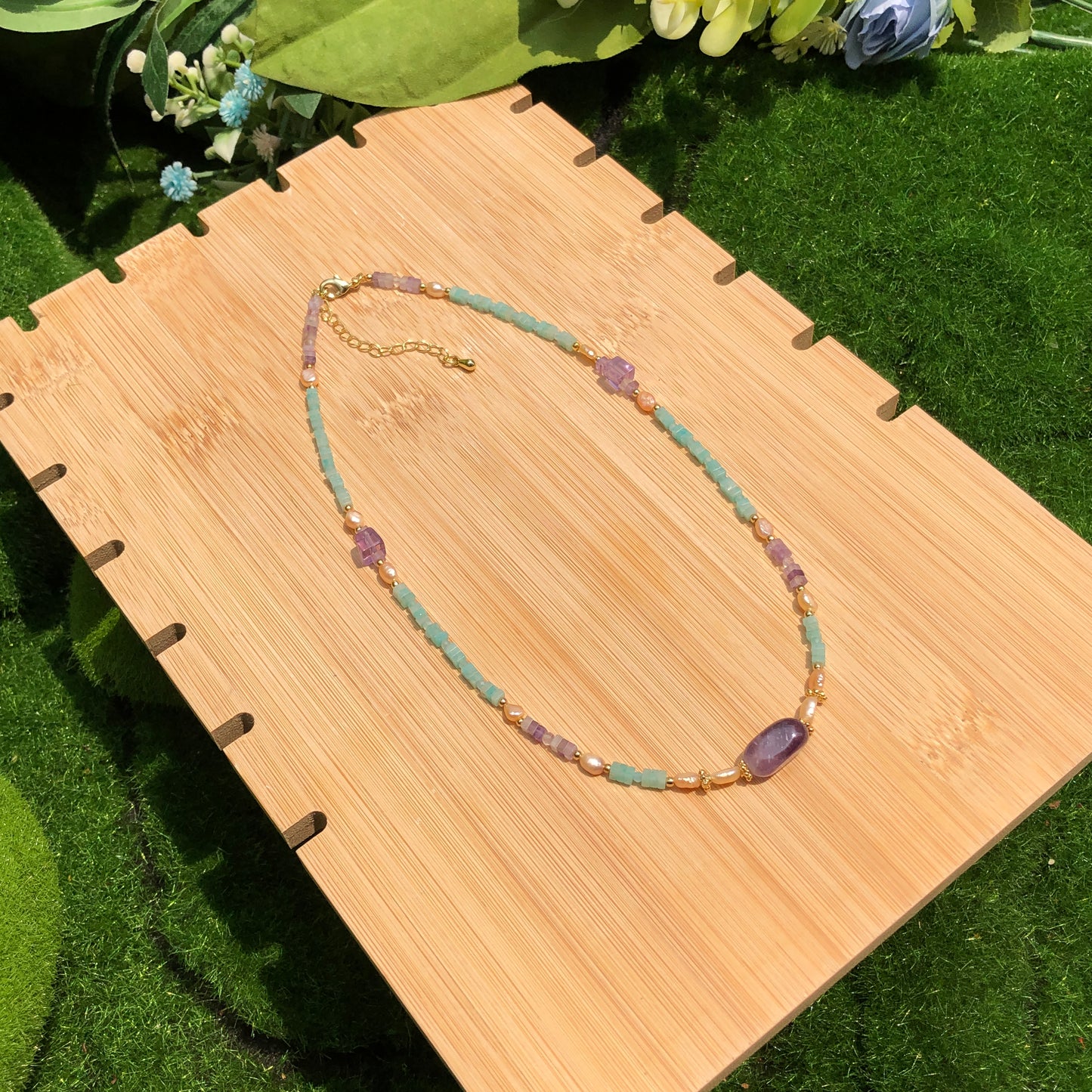 Exquisite natürliche Amazonit Amethyst Süßwasserperle Kupfer vergoldet 14K Halskette handgefertigt