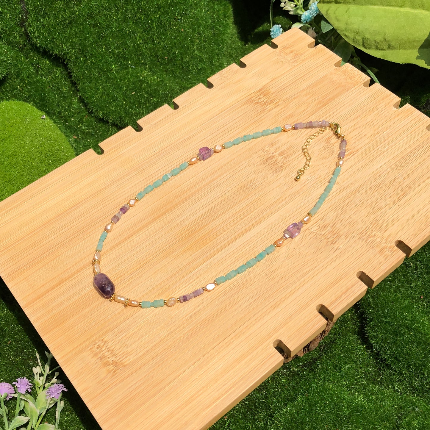 Exquisite natürliche Amazonit Amethyst Süßwasserperle Kupfer vergoldet 14K Halskette handgefertigt