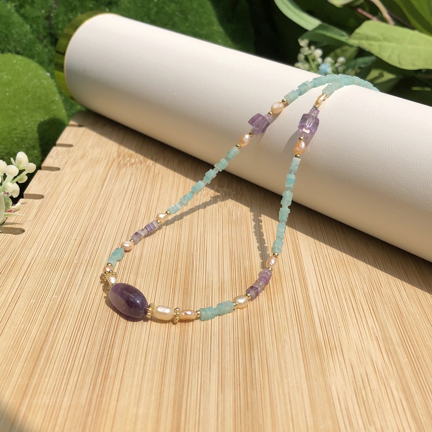 Exquisite natürliche Amazonit Amethyst Süßwasserperle Kupfer vergoldet 14K Halskette handgefertigt